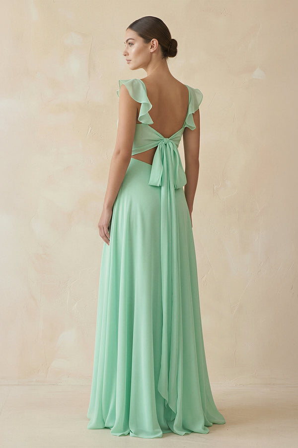 Ruffled Chiffon A - Line Long Bridesmaid Dress - KISS BRIDAL Bridesmaid Dresses