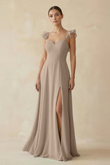 Ruffled Chiffon A - Line Long Bridesmaid Dress in Almond - KISS BRIDAL