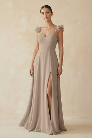 Ruffled Chiffon A - Line Long Bridesmaid Dress in Almond - KISS BRIDAL