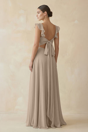 Ruffled Chiffon A - Line Long Bridesmaid Dress in Almond - KISS BRIDAL
