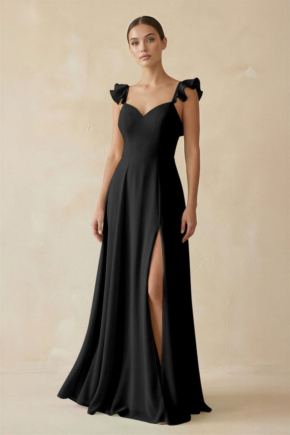 Ruffled Chiffon A-Line Long Bridesmaid Dress in Black