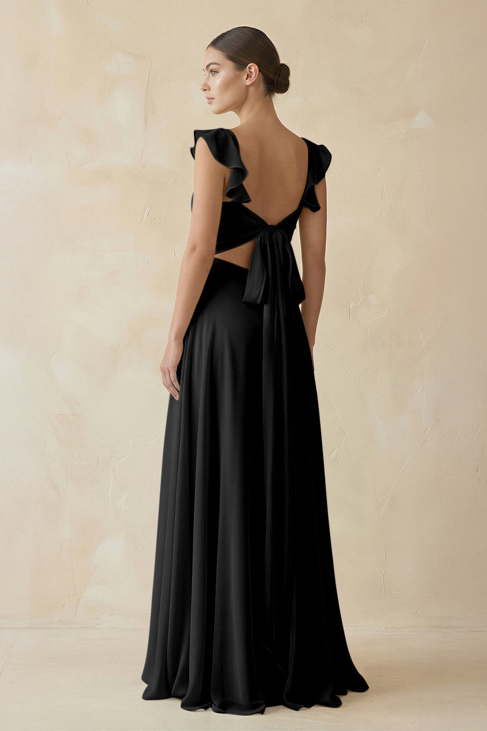Ruffled Chiffon A-Line Long Bridesmaid Dress in Black