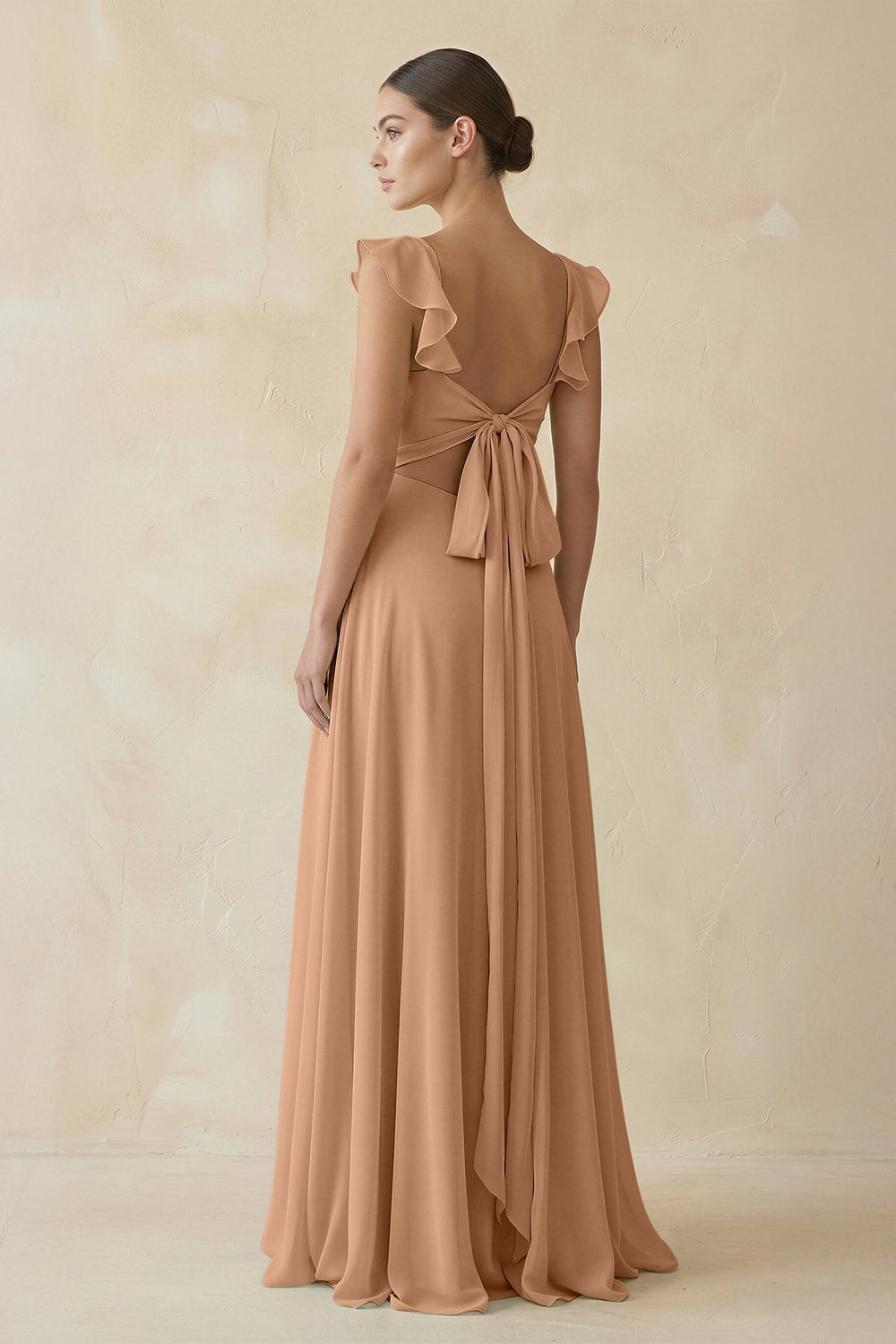 Ruffled Chiffon A-Line Long Bridesmaid Dress in Bronzer