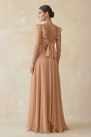 Ruffled Chiffon A - Line Long Bridesmaid Dress in Bronzer - KISS BRIDAL