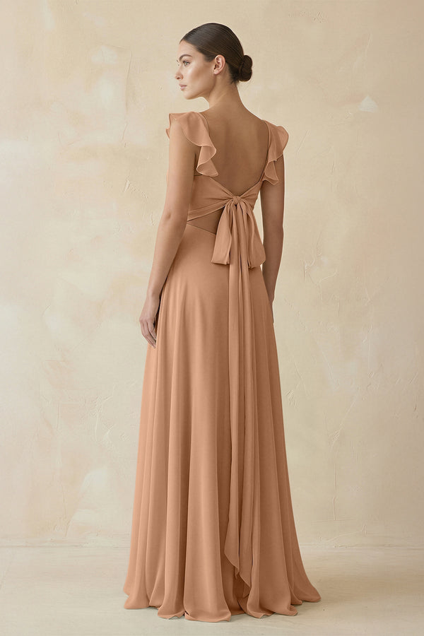 Ruffled Chiffon A - Line Long Bridesmaid Dress in Bronzer - KISS BRIDAL