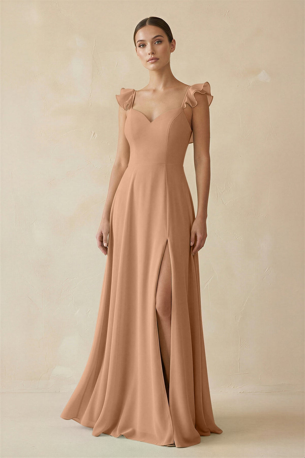 Ruffled Chiffon A-Line Long Bridesmaid Dress in Bronzer