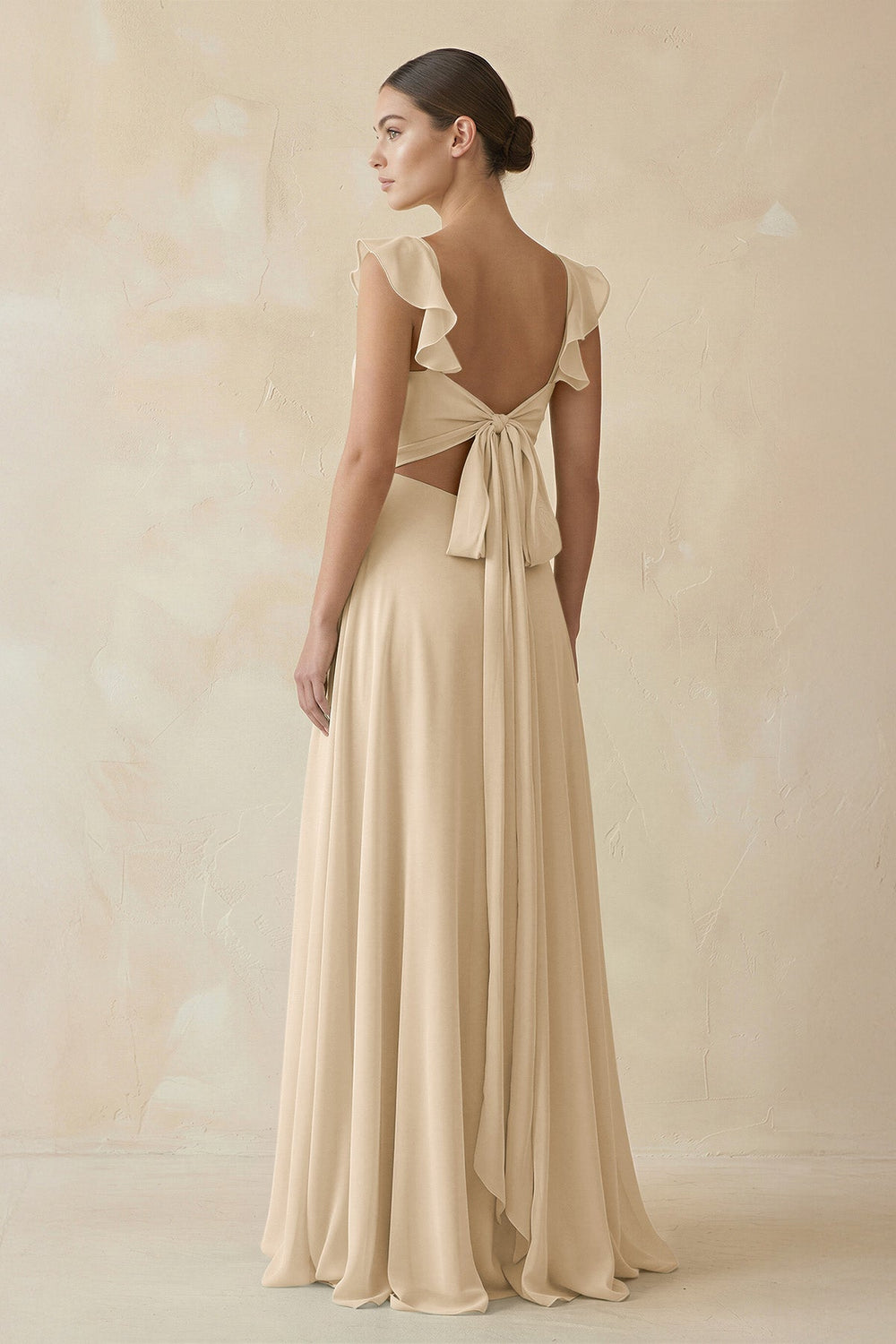Ruffled Chiffon A-Line Long Bridesmaid Dress in Champagne