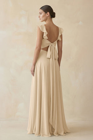 Ruffled Chiffon A - Line Long Bridesmaid Dress in Champagne - KISS BRIDAL