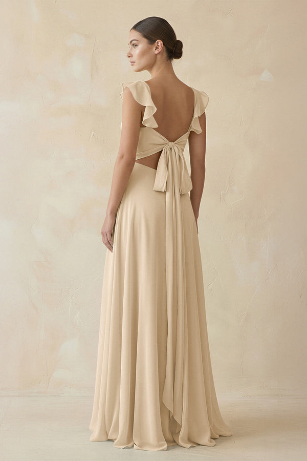 Ruffled Chiffon A - Line Long Bridesmaid Dress in Champagne - KISS BRIDAL