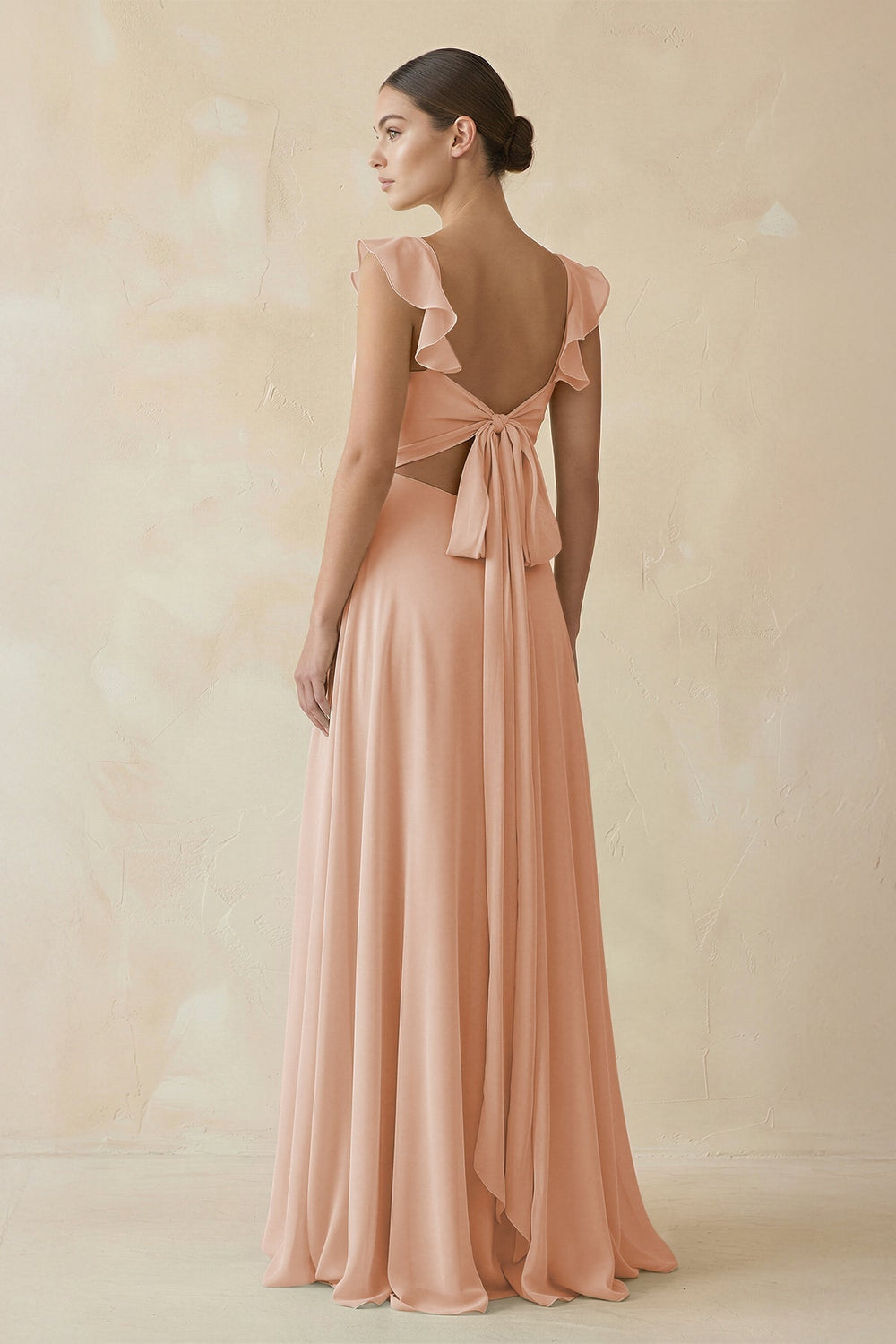 Ruffled Chiffon A-Line Long Bridesmaid Dress in Champagne Rose