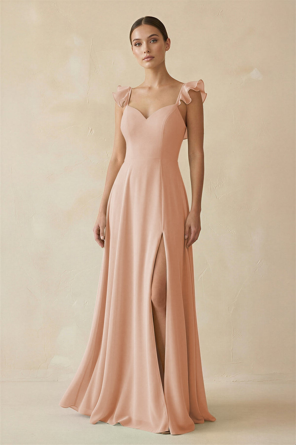 Ruffled Chiffon A-Line Long Bridesmaid Dress in Champagne Rose