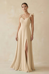 Ruffled Chiffon A - Line Long Bridesmaid Dress in Champagne - KISS BRIDAL