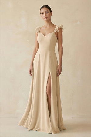 Ruffled Chiffon A - Line Long Bridesmaid Dress in Champagne - KISS BRIDAL
