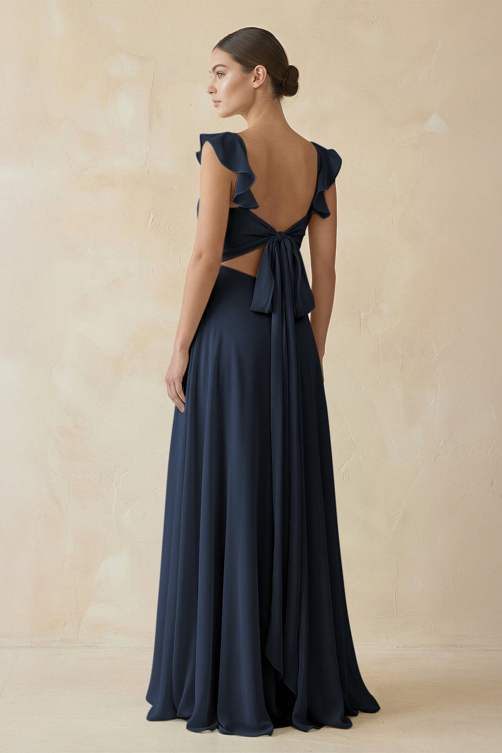 Ruffled Chiffon A-Line Long Bridesmaid Dress in Dark Navy