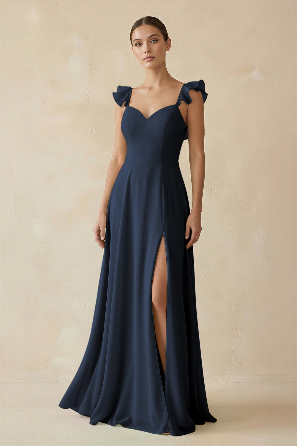 Ruffled Chiffon A-Line Long Bridesmaid Dress in Dark Navy