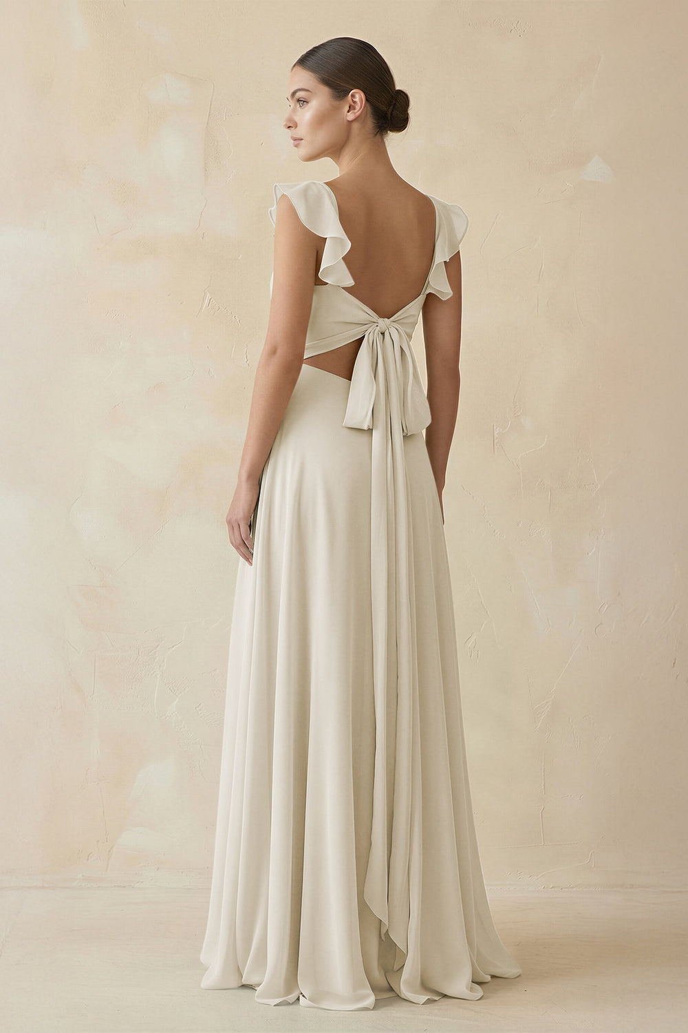 Ruffled Chiffon A-Line Long Bridesmaid Dress in Dove Gray