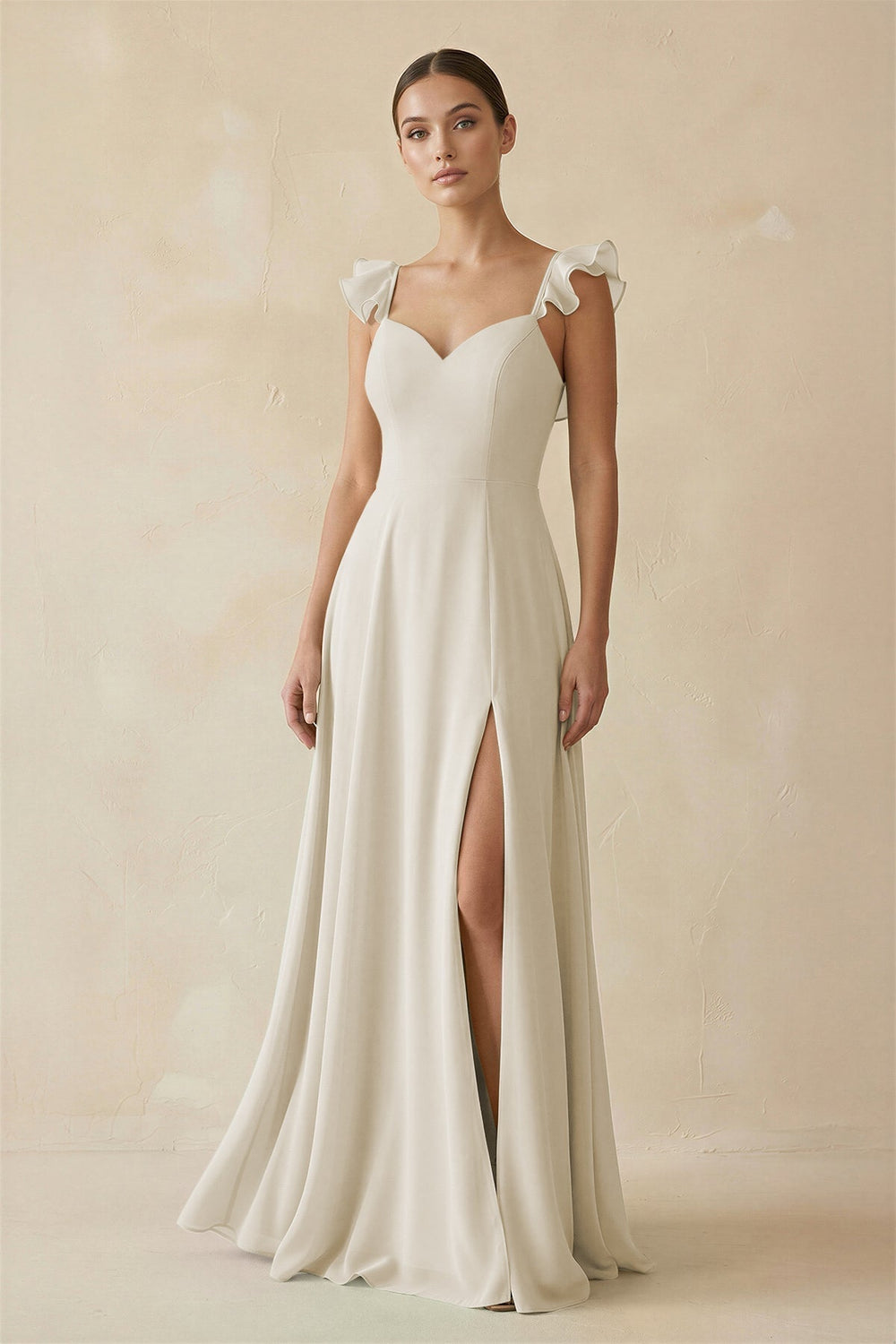 Ruffled Chiffon A-Line Long Bridesmaid Dress in Dove Gray