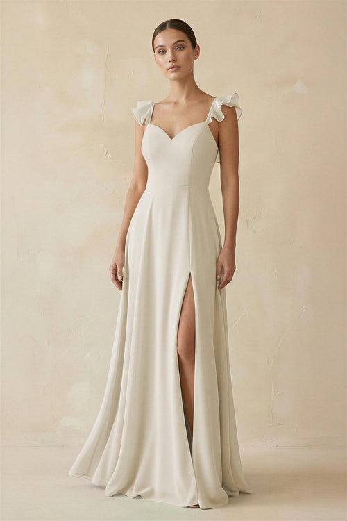 Ruffled Chiffon A - Line Long Bridesmaid Dress in Dove Gray - KISS BRIDAL