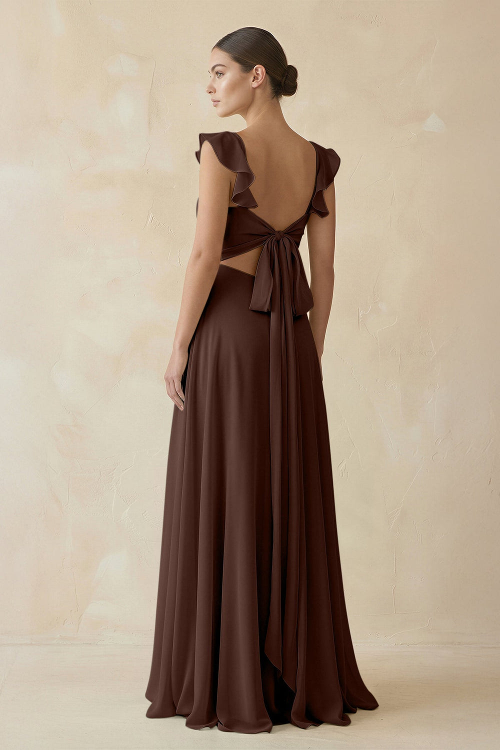 Ruffled Chiffon A-Line Long Bridesmaid Dress in Espresso