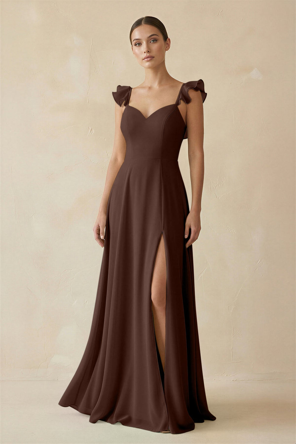 Ruffled Chiffon A-Line Long Bridesmaid Dress in Espresso