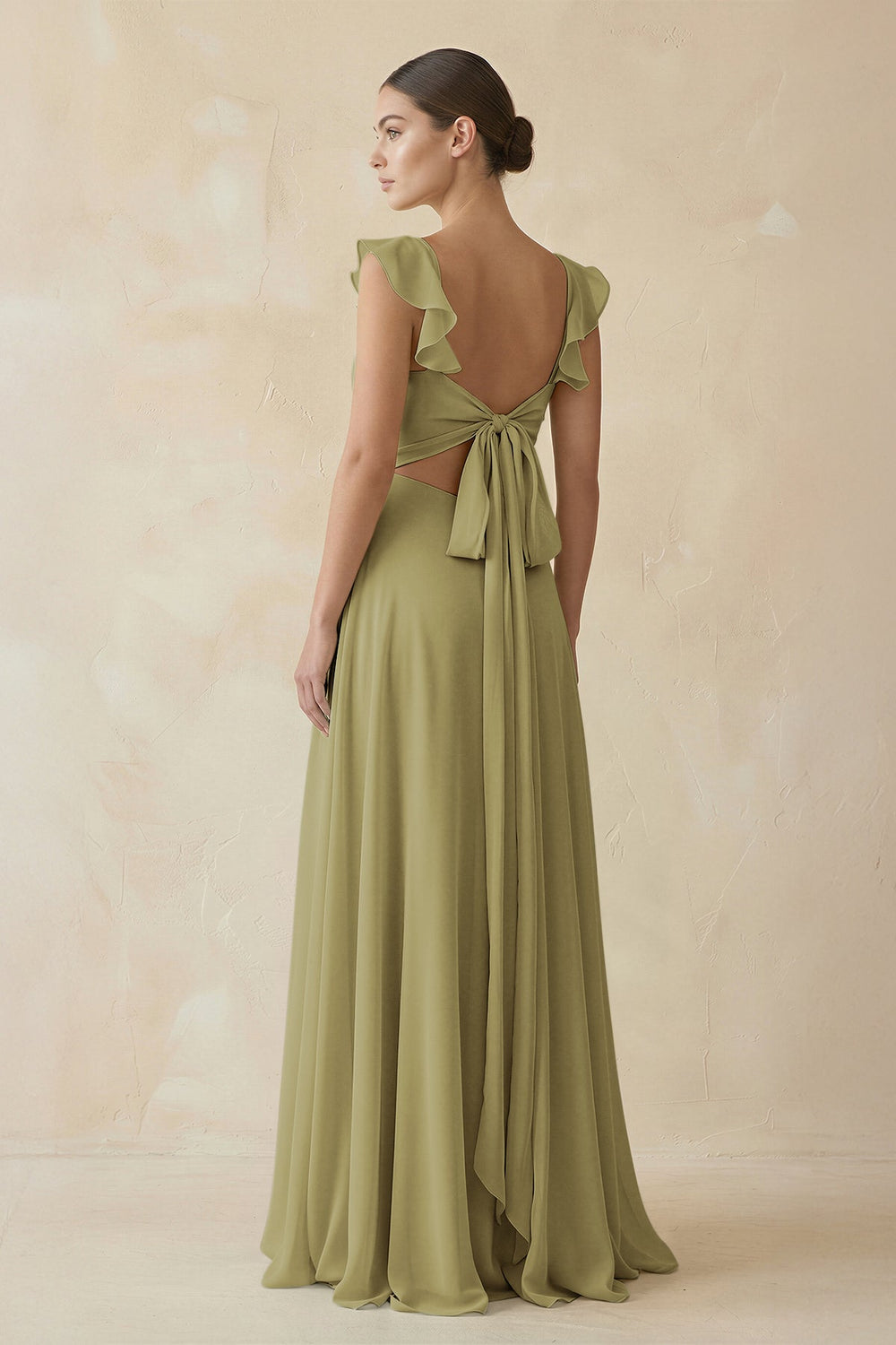 Ruffled Chiffon A-Line Long Bridesmaid Dress in Moss Green