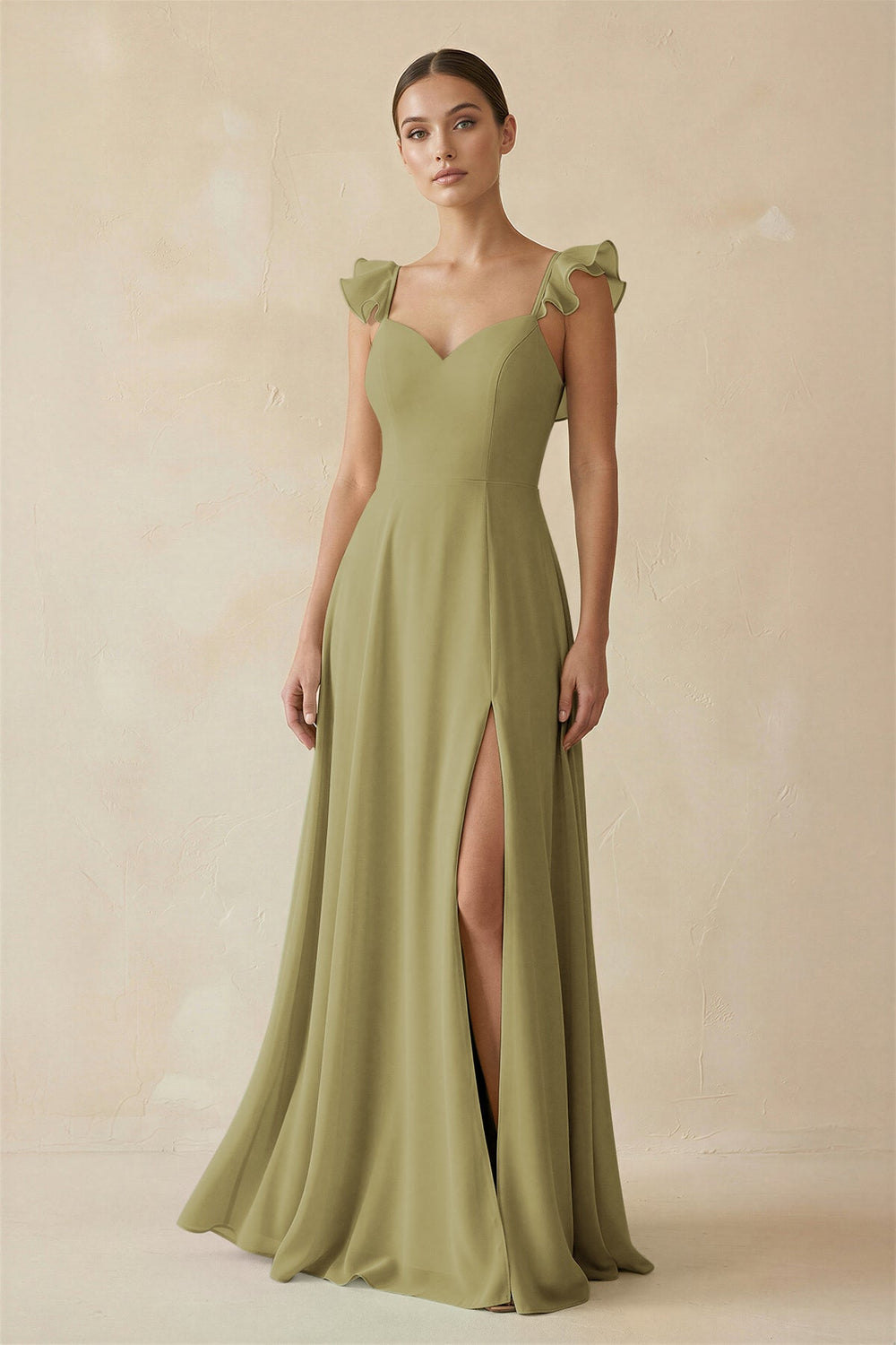 Ruffled Chiffon A-Line Long Bridesmaid Dress in Moss Green