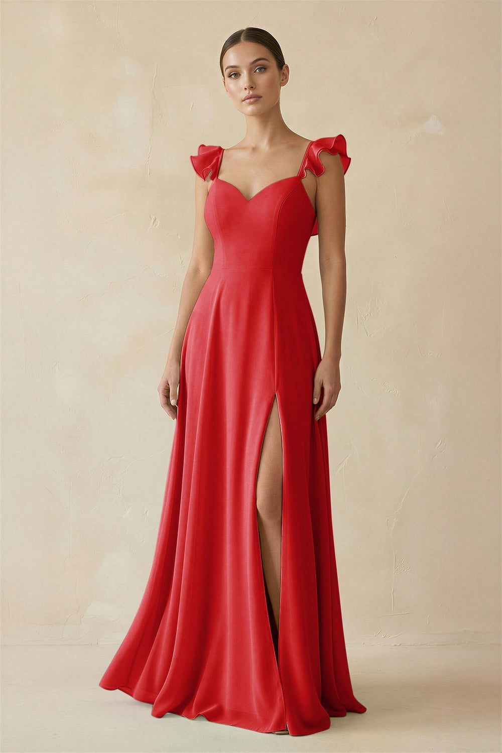 Ruffled Chiffon A-Line Long Bridesmaid Dress in Ruby Red