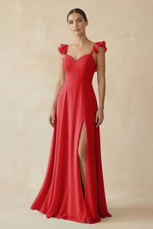 Ruffled Chiffon A - Line Long Bridesmaid Dress in Ruby Red - KISS BRIDAL