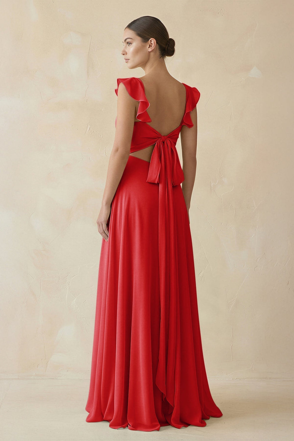 Ruffled Chiffon A-Line Long Bridesmaid Dress in Ruby Red