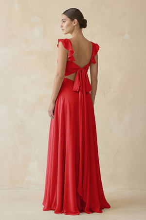 Ruffled Chiffon A - Line Long Bridesmaid Dress in Ruby Red - KISS BRIDAL