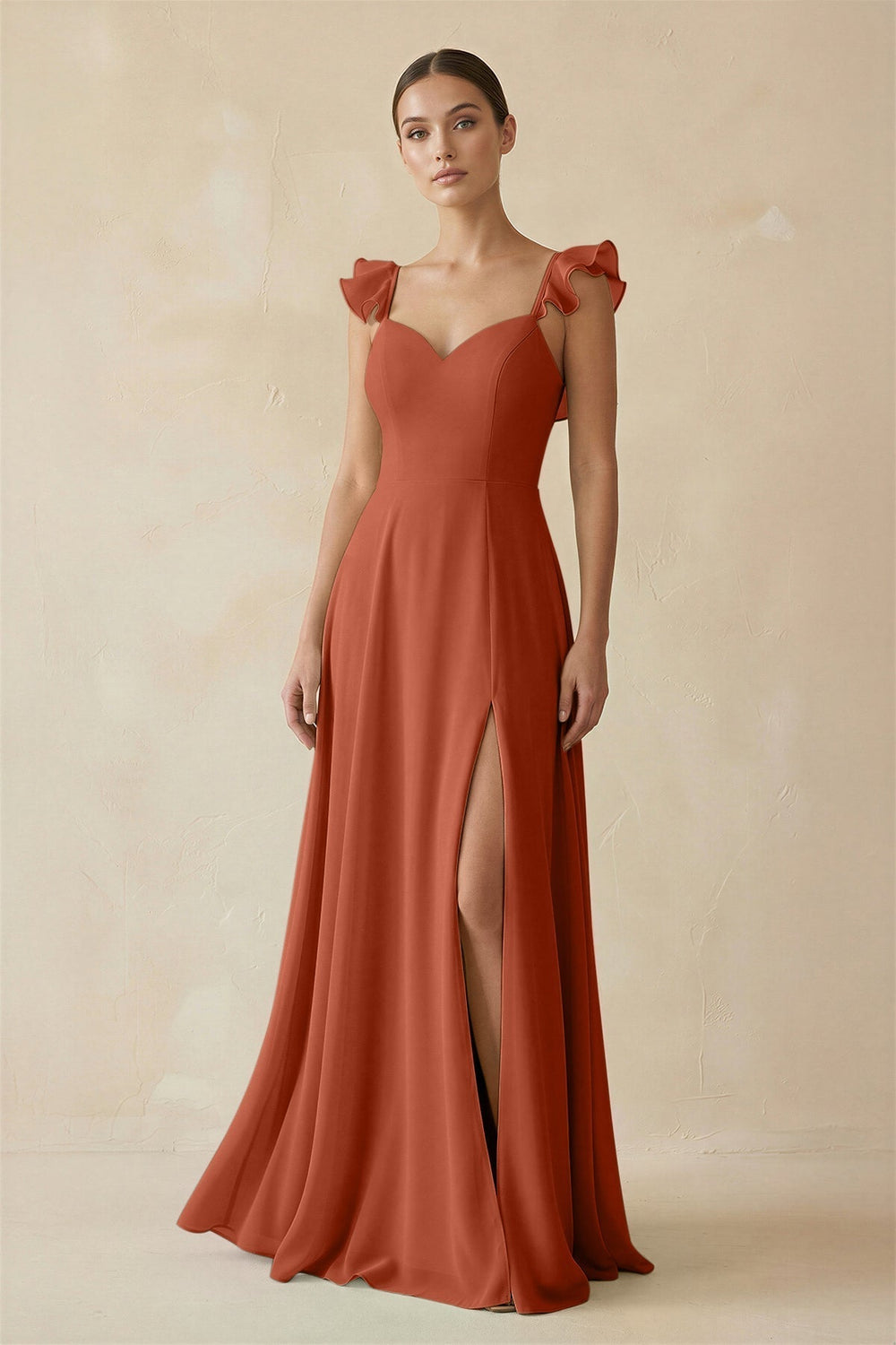 Ruffled Chiffon A-Line Long Bridesmaid Dress in Spice