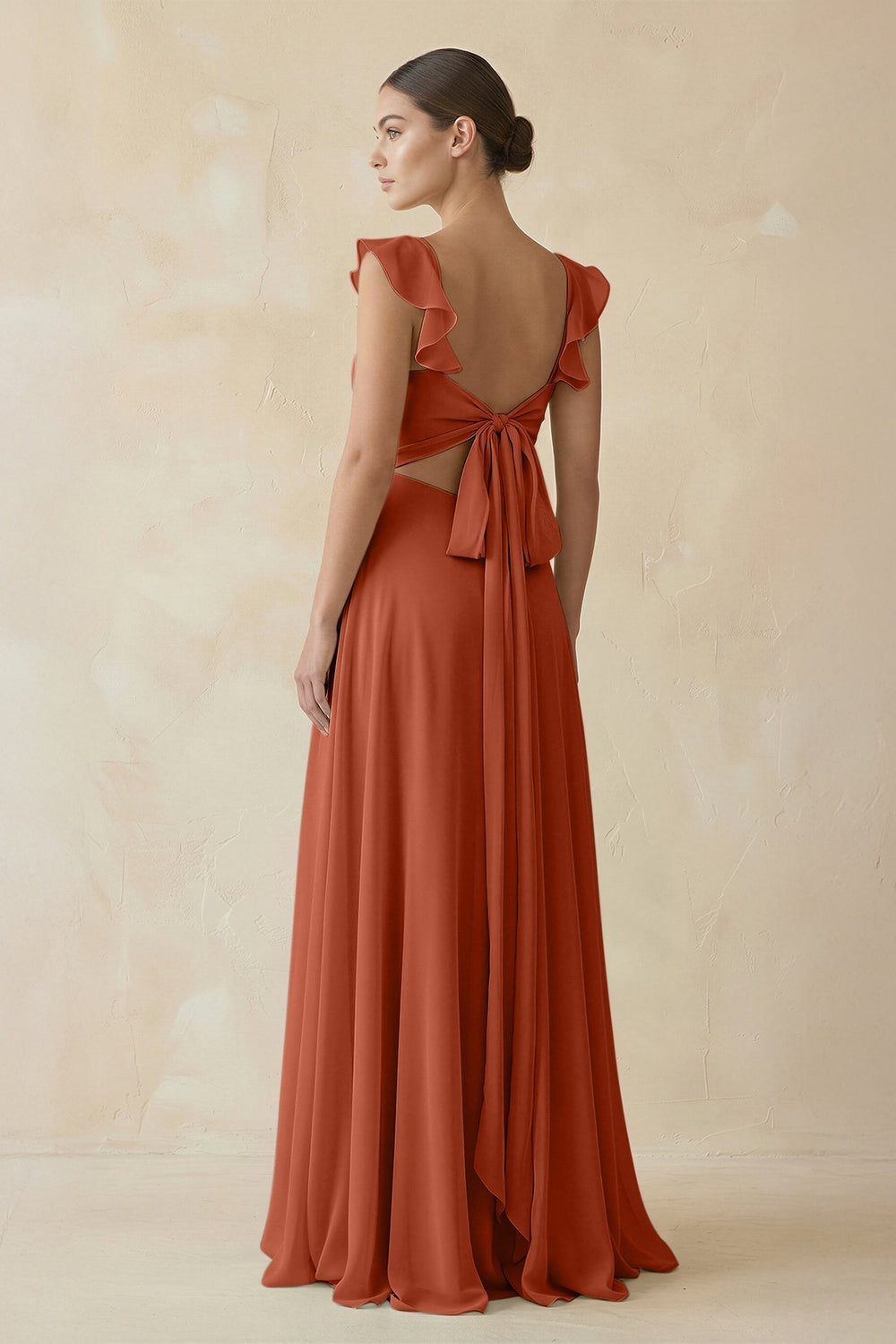 Ruffled Chiffon A-Line Long Bridesmaid Dress in Spice