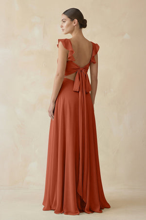 Ruffled Chiffon A - Line Long Bridesmaid Dress in Spice - KISS BRIDAL