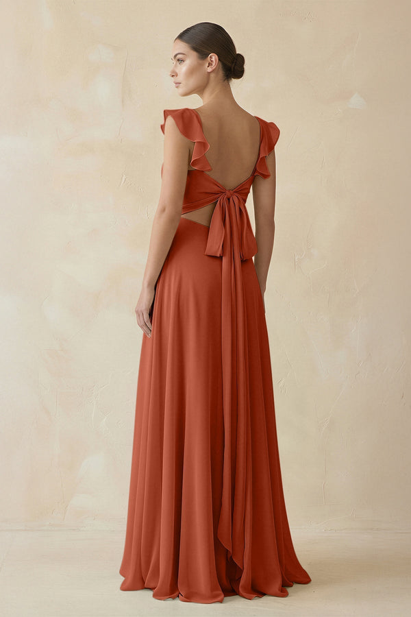 Ruffled Chiffon A - Line Long Bridesmaid Dress in Spice - KISS BRIDAL