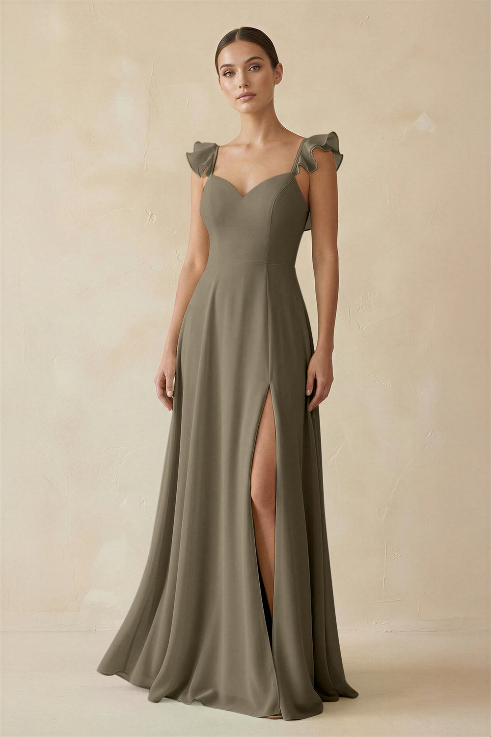 Ruffled Chiffon A-Line Long Bridesmaid Dress in Willow Green