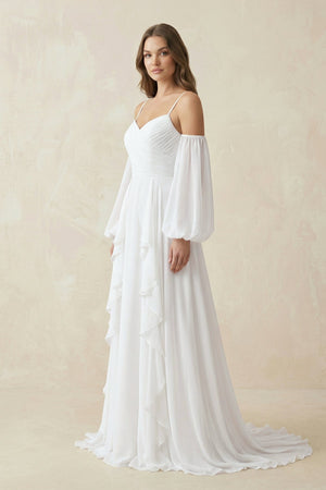 Ruffled Chiffon A - Line Wedding Dress With Detachable Sleeves in White - KISS BRIDAL Wedding Dresses