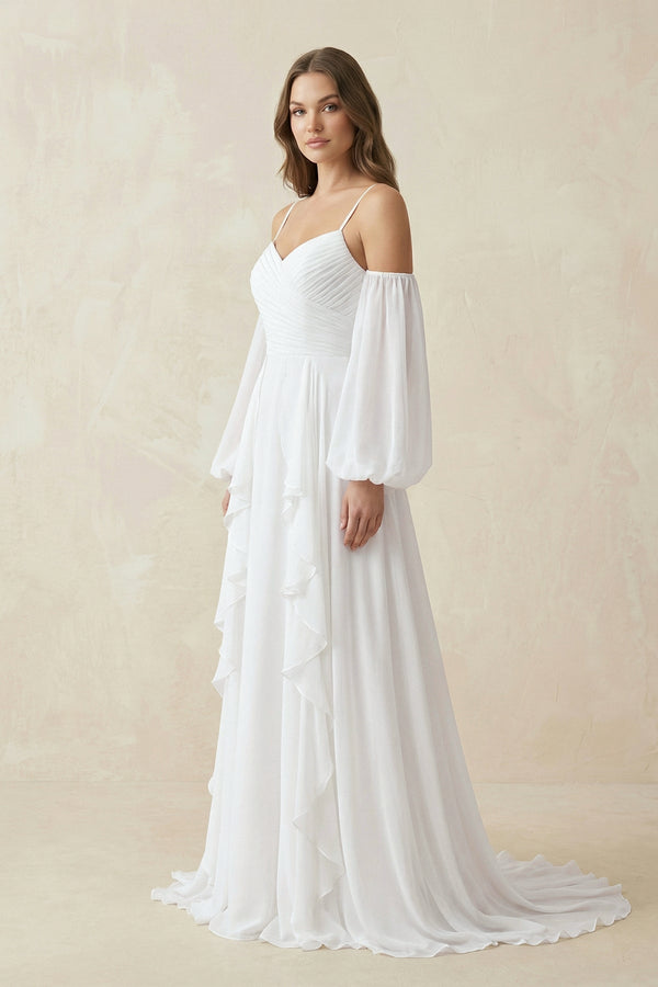 Ruffled Chiffon A - Line Wedding Dress With Detachable Sleeves in White - KISS BRIDAL Wedding Dresses
