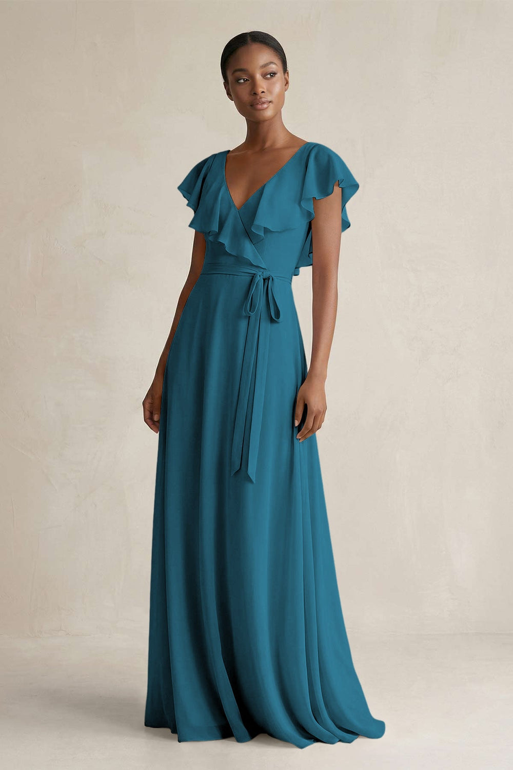 A-Line V-Neck Ruffled Sleeve Chiffon Bridesmaid Dress in Dark Teal