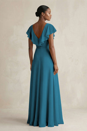 A-Line V-Neck Ruffled Sleeve Chiffon Bridesmaid Dress in Dark Teal - KISS BRIDAL BRIDESMAID DRESSES