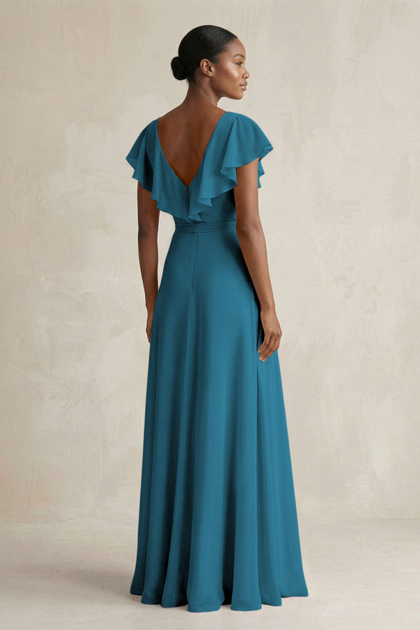 A-Line V-Neck Ruffled Sleeve Chiffon Bridesmaid Dress in Dark Teal - KISS BRIDAL BRIDESMAID DRESSES