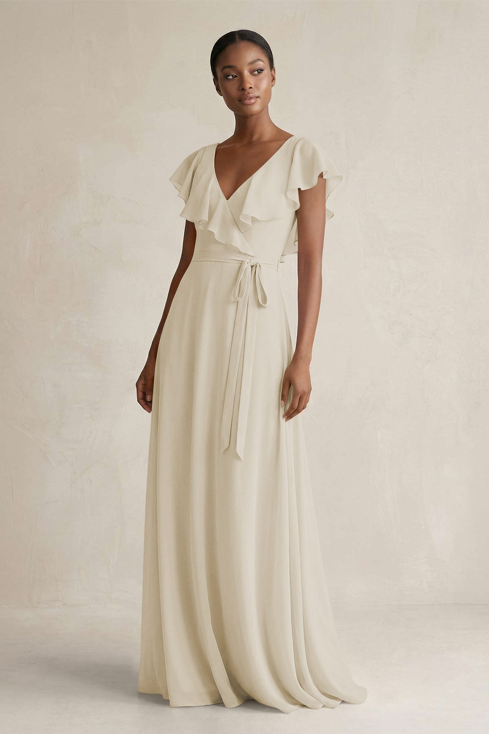 A-Line V-Neck Ruffled Sleeve Chiffon Bridesmaid Dress in Dove Gray