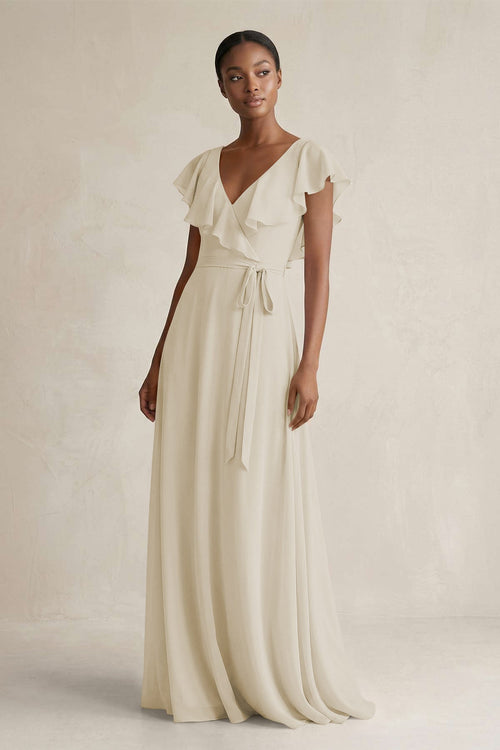 A-Line V-Neck Ruffled Sleeve Chiffon Bridesmaid Dress in Dove Gray - KISS BRIDAL BRIDESMAID DRESSES