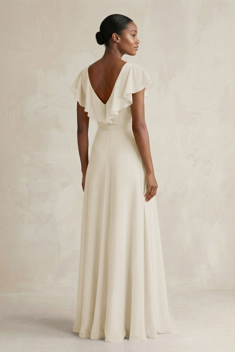 A-Line V-Neck Ruffled Sleeve Chiffon Bridesmaid Dress in Dove Gray