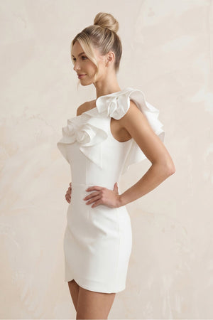 Ruffled Flower Sheath Satin Mini Wedding Dress in White - KISS BRIDAL Wedding Dresses