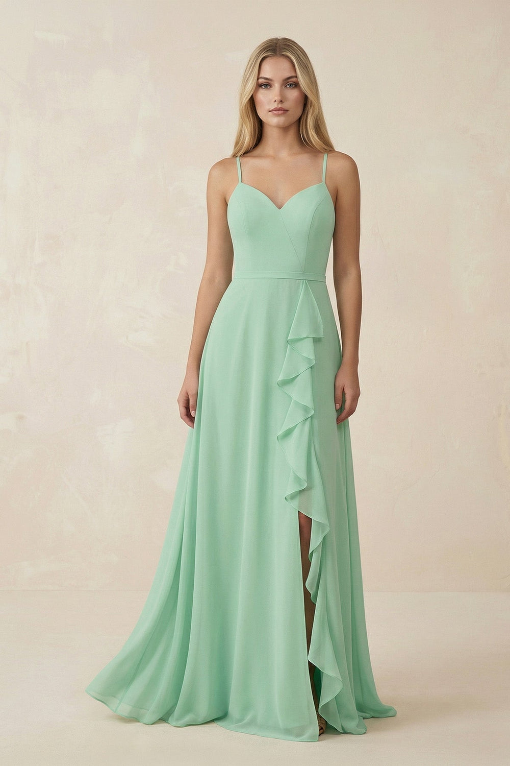 Ruffled Hem A-Line Chiffon Bridesmaid Dress in Pale Pistachio