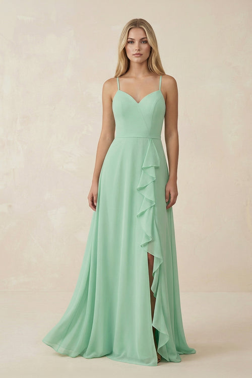 Ruffled Hem A-Line Chiffon Bridesmaid Dress in Pale Pistachio - KISS BRIDAL BRIDESMAID DRESSES