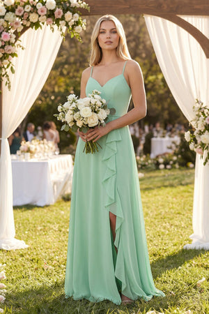 Ruffled Hem A-Line Chiffon Bridesmaid Dress in Pale Pistachio - KISS BRIDAL BRIDESMAID DRESSES