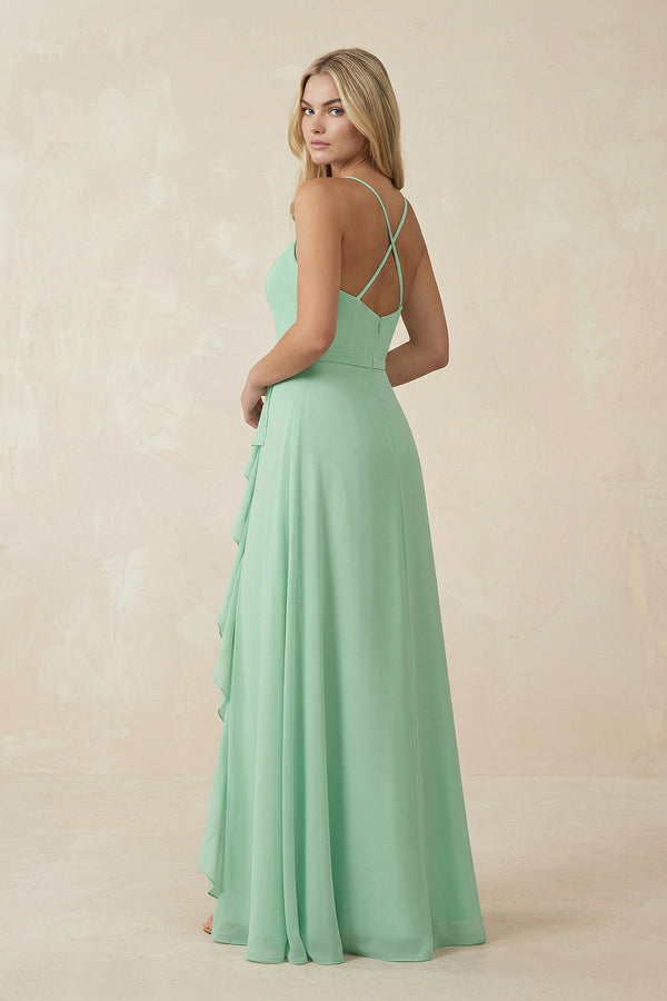 Ruffled Hem A-Line Chiffon Bridesmaid Dress in Pale Pistachio - KISS BRIDAL BRIDESMAID DRESSES