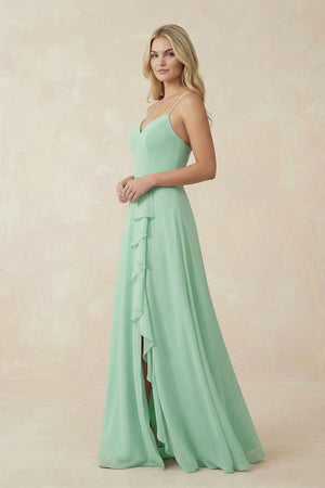 Ruffled Hem A-Line Chiffon Bridesmaid Dress in Pale Pistachio - KISS BRIDAL BRIDESMAID DRESSES