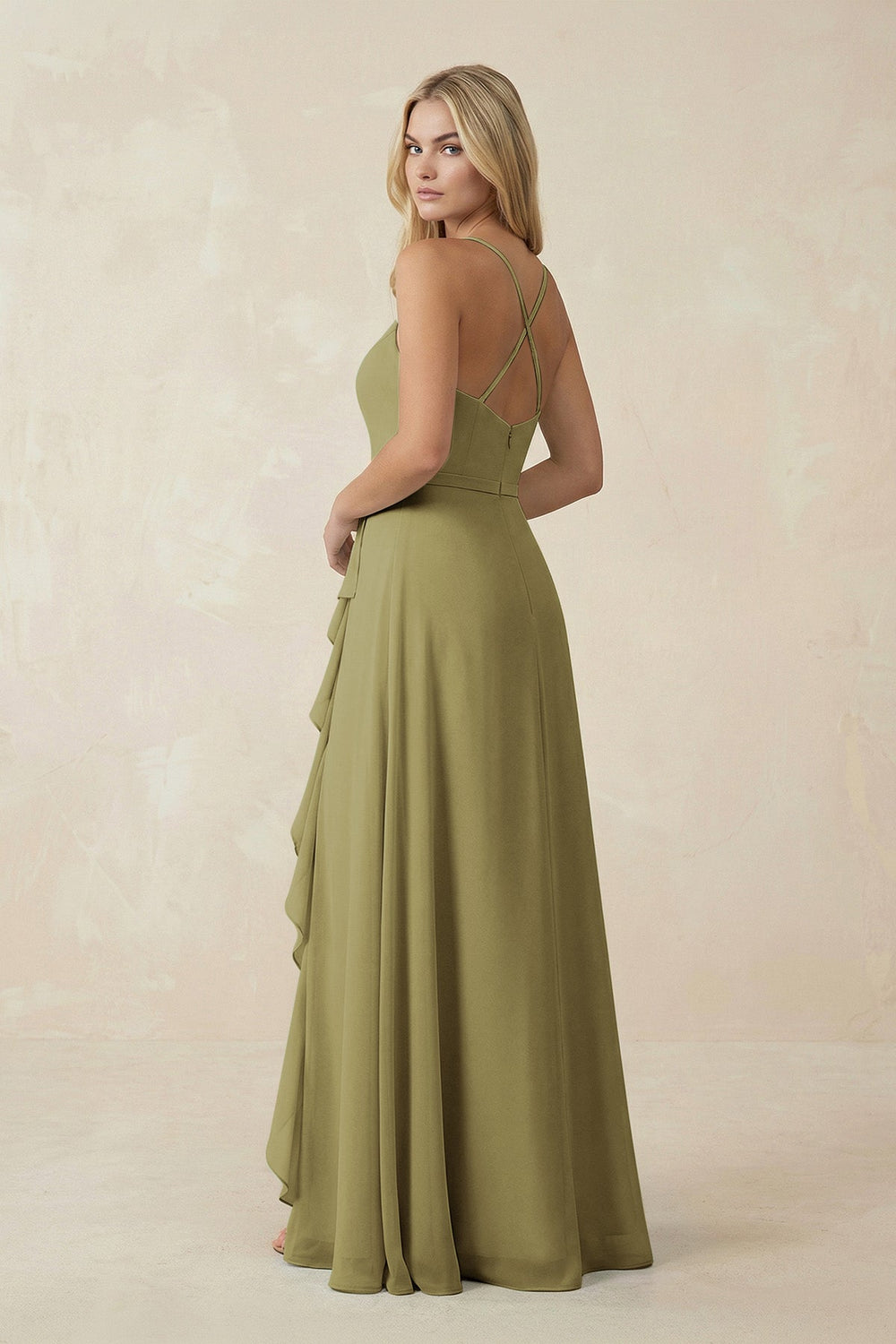 Ruffled Hem A-Line Chiffon Bridesmaid Dress in Moss Green